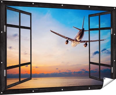 Gards Tuinposter Doorkijk Vliegtuig Boven de Zee bij Zonsondergang - 180x120 cm - Tuindoek - Tuindecoratie - Wanddecoratie buiten - Tuinschilderij