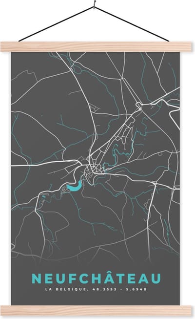 Posterhanger incl. Poster 40x60 cm - Schoolplaat - Stadskaart – Grijs - Kaart – Neufchâteau – België – Plattegrond - Textielposter - Blanke latten - Stadskaart