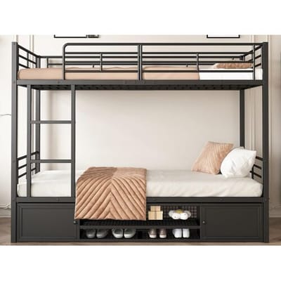 ModernLuxe IJzeren stapelbed 90x200cm - met schoenenrek en ladder - Zwart