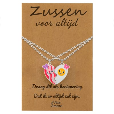 BFF Ketting voor 2 'Zussen voor altijd' - Magnetisch Hartje Bacon & Ei - Vriendschapsketting op Cadeau Kaartje - 45cm + 5cm verstelbaar - Zilverkleurig - Sisters Hanger - Pax Amare