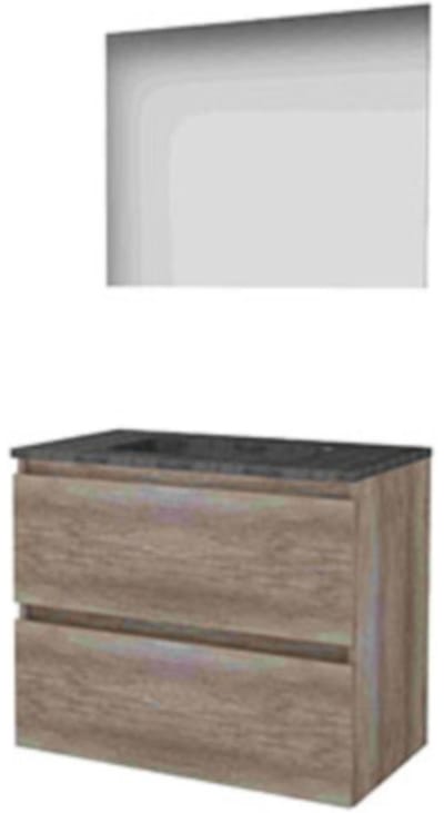 Basic-Line Ultimate 46 Badkamermeubelset - 80 x 46 cm - Greeploos - 2 Lades - Hardstenen Wastafel - 1 Kraangat - Spiegel met Indirecte LED Verlichting - Scotch Oak