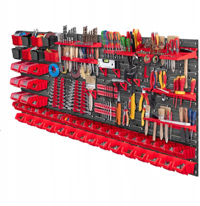 KADAX Gereedschapswandrek, groot, 174 x 78 cm, opslagsysteem van robuust kunststof, uv-bestendig modulesysteem, uitbreidbare wandplaten, werkplaatsrek voor garage (rood, 100 stuks)