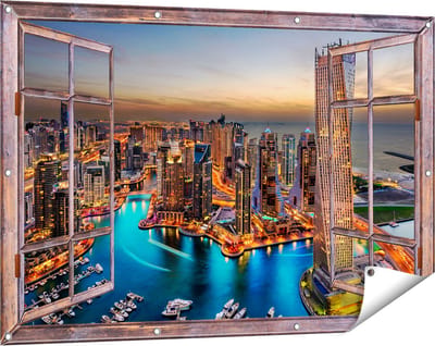 Gards Tuinposter Doorkijk Dubai Haven met de Stad - 120x80 cm - Tuindoek - Tuindecoratie - Wanddecoratie buiten - Tuinschilderij