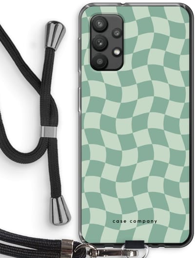Case Company® - Hoesje met koord geschikt voor Samsung Galaxy A32 4G hoesje met Koord - Grid Groen - Telefoonhoesje met Zwart Koord - Bescherming aan alle Kanten en Over de Schermrand