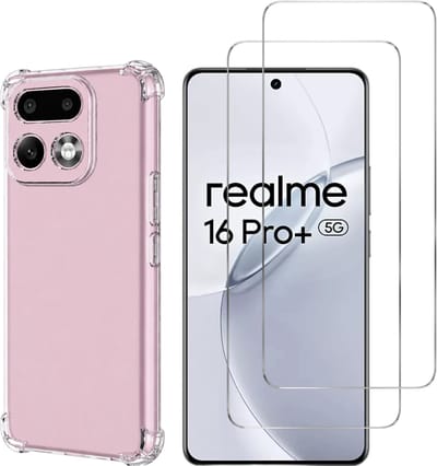 Hoesje geschikt voor Realme 16 Pro Plus 5G backcover Shockproof siliconen Transparant en 2 stuks Screenprotector Gehard Glas