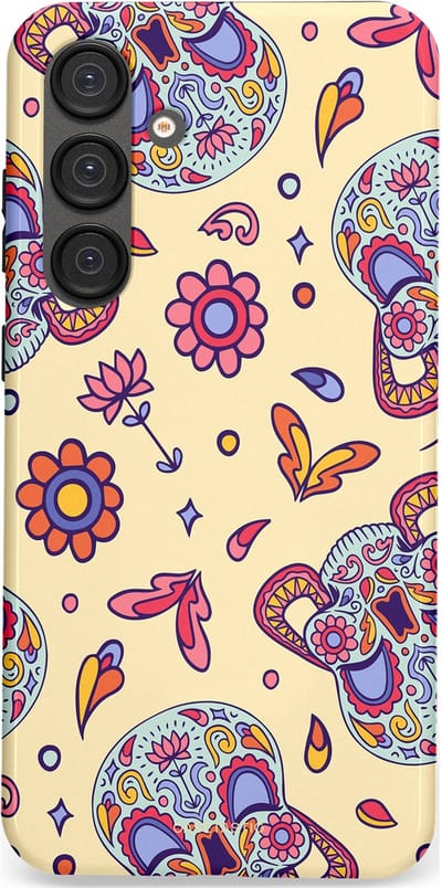Casetastic hoesje geschikt voor Samsung Galaxy S25 Plus - Dubbellaagse bescherming - Dia de los Muertos Doodshoofd Bloemen - Fashion Case - Crème Lila Zilver