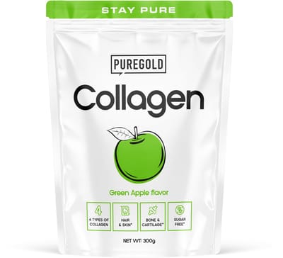 Pure Gold Collagen Rundercollageen Poeder – 300g – 25 Porties – 4 Types Collageen met Vitamine C, A, Zink & Selenium – Groene Appel