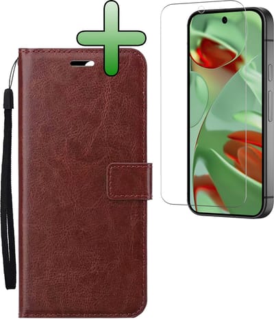 Hoesje Met Screenprotector - Geschikt voor Google Pixel 9 - Luxe Pasjeshouder - Bookcase Portemonee - Flip Case - Kunstleer Book Case - Flipcase - Book Cover - Walletcase - Portemonneehoes - Bruin