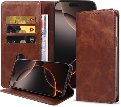 Smartphonica Telefoonhoesje Geschikt voor iPhone 16 Pro Kunstleer met Magnetische sluiting en Pasjeshouder Bookcase met Klepje - Donkerbruin geschikt voor iPhone 16 Pro