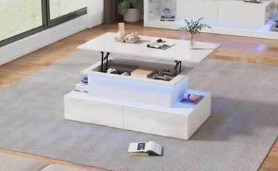 Wishdor Salontafel 90x55x41 cm van spaanplaat, hoogglans wit met LED-verlichting en 4 lades