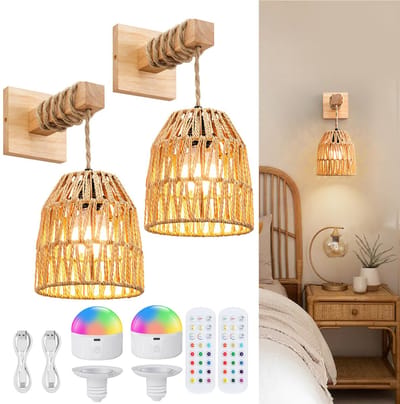 Rosnek Rotan Wandlamp Boho - Draadloos & Oplaadbaar - Handgemaakt Riet - Dimbaar met Afstandsbediening - Sfeervolle Wandverlichting Bruin (Stijlvol & Natuurlijk) - 2 Stuks