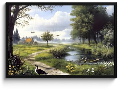 Poster in lijst - Fotolijst 90x60 cm - Posters - Zandpad - Groen landschap - Water - Posterlijst zwart - Decoratie - Wanddecoratie woonkamer - Muurdecoratie slaapkamer