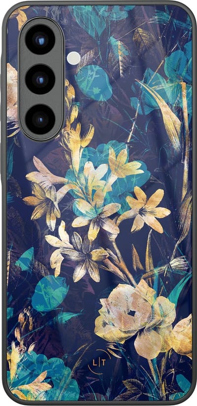 Hoesje geschikt voor Samsung Galaxy A57 - Bloemen turquoise - Luxe Glazen Hardcase - Bloemen - Blauw