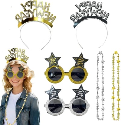 6-delige Haaraccessoires Set voor Oud en Nieuw met Gouden en Zilveren Sterren, Inclusief Haarband, Bril en Ketting - Perfect voor Feestelijke Celebraties in 2026