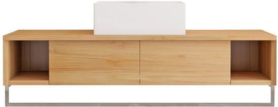 Vente-unique zwevend badkamermeubel in teakhout met handdoekhouder en vierkante keramische opzetwastafel - 120 cm - KUPANG