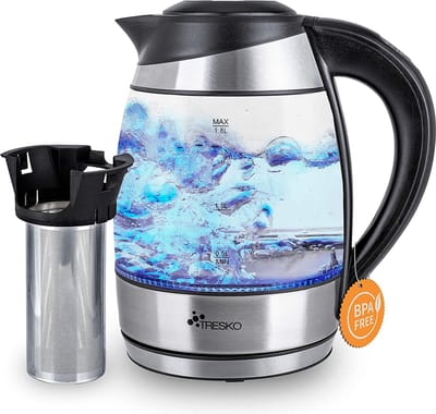 Glazen waterkoker 18 L roestvrij staal met theezeef en kalkfilter - ledverlichting - temperatuurinstelling - warmhoudfunctie - voor thuisgebruik