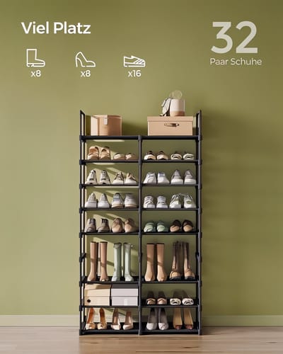 Famanu Schoenenrek verstelbaar, schoenenrek met 8 niveaus, opbergrek, stalen buizen, non-woven stof, voor maximaal 32 paar schoenen, ruimtebesparend, voor garderobe garage, inktzwart