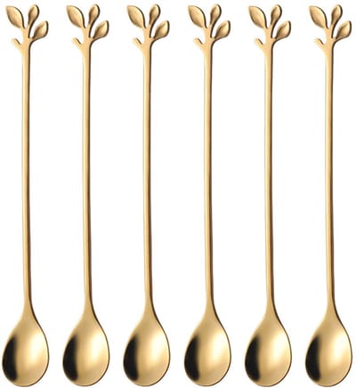 6 lange ovale lepels – Latte macchiato – Dessertlepels set – 18.6cm – IJslepels - Theelepels - Bladvormig handvat - gouden