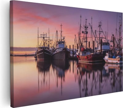 Artaza Canvas Schilderij Vissersboten - 60x40 cm - Wanddecoratie Zonsondergang - Muurdecoratie Haven - Schilderij Zee