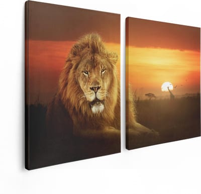 Artaza Canvas Schilderij Tweeluik Leeuw In De Savanne - Zonsondergang - 120x80 - Foto Op Canvas - Canvas Print