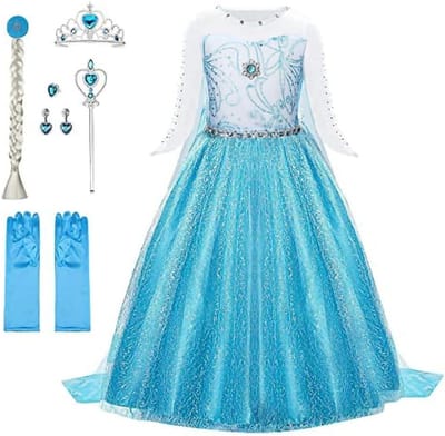 Meisjes Prinsessen Kostuum, 6-Delige Set met Tiara, Handschoenen en Toverstaf voor Kerst, Carnaval en Halloween Feestjes