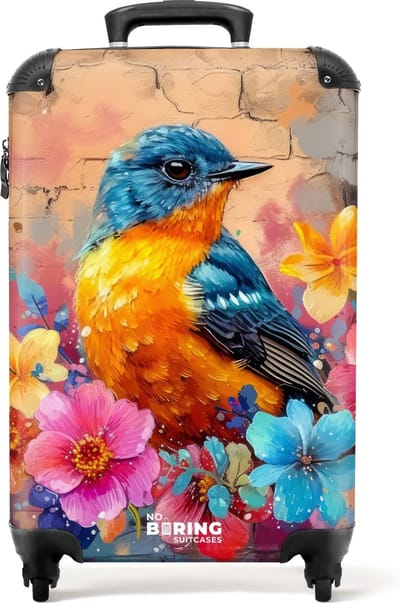 NoBoringSuitcases.com® - Handbagage koffer lichtgewicht - Reiskoffer trolley - Vogel met bloemen in graffiti stijl - Rolkoffer met wieltjes - Past binnen 55x40x20 en 55x35x25