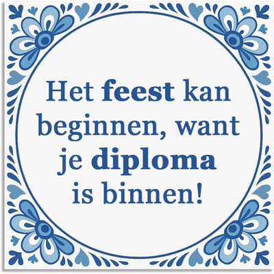 Tegeltje - Het feest kan beginnen want.. - delfts blauw wandbord - delftsblauw - hollandse cadeautjes - wanddecoratie - decoratieve accessoires - tegeltjes met tekst - tekst tegel - spreuktegel - tegeltjes met spreuken