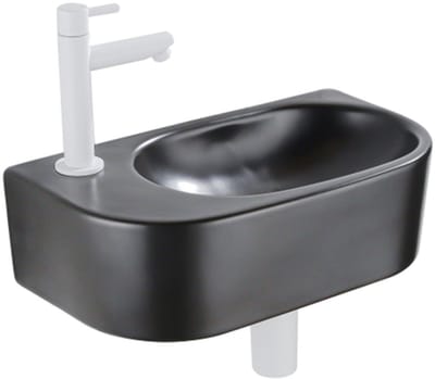 QeramiQ Fuente Fonteinset - 40x21.5x12cm - links - glad - halfrond - 1 kraangat - keramiek - fonteinkraan wit mat - afvoerplug - verlaagd sifon - zwart mat