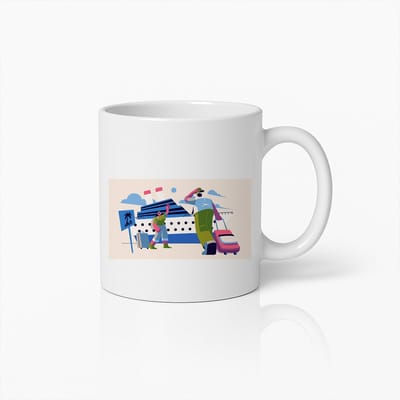 Reisavontuur Illustratie Mok – Stijlvolle Vakantie en Reis Thema Koffiebeker