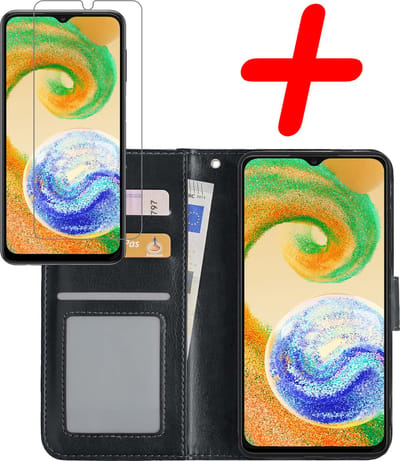 Hoesje Met Screenprotector - Geschikt voor Samsung Galaxy A04s - Luxe Pasjeshouder - Bookcase Portemonee - Flip Case - Kunstleer Book Case - Flipcase - Book Cover - Walletcase - Portemonneehoes - Zwart