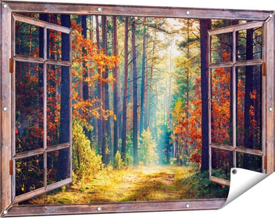 Gards Tuinposter Doorkijk Herfstbos met Zonneschijn - Kleur - 120x80 cm - Tuindoek - Tuindecoratie - Wanddecoratie buiten - Tuinschilderij