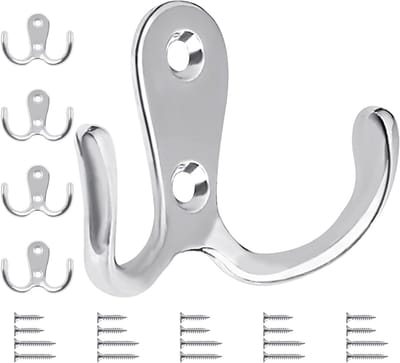 Set van 5 Vintage Dubbele Wandhaken in Zilver, Retro Metalen Haakjes voor Keuken en Badkamer, Ideaal voor Organisatie en Decoratie