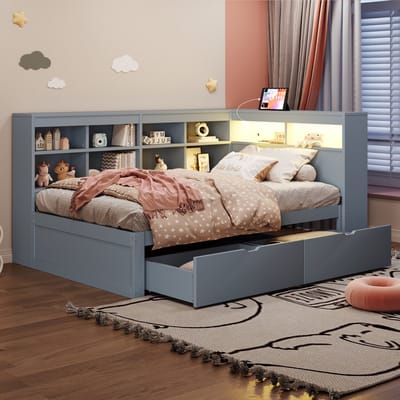 REDOM Bedbank – 90x200 cm – Met USB, LED, lades & opbergvakken – Massief grenenhout – Grijs