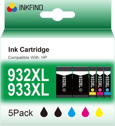INKFIND 932XL 933XL inktcartridges voor HP 932 HP932 HP933 HP 933 HP932XL HP 932XL HP933XL HP 933XL inktcartridge multipack van 5 stuks (2 x zwart, 1 x cyaan, 1 x magenta, 1 x geel) voor HP OfficeJet 6100, 6600, 6700, 7110,7610, 7612, 8620