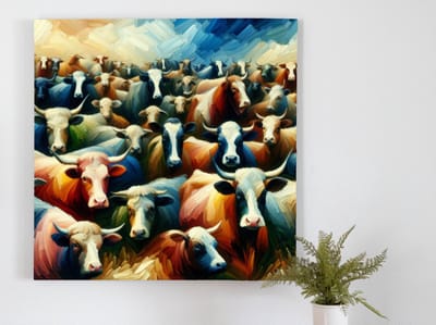Olieverf vee schilderij | Prachtige penseelstreken en levendige koeien zorgen voor adembenemend kunstwerk | Kunst - 30x30 centimeter op Dibond | Foto op Dibond