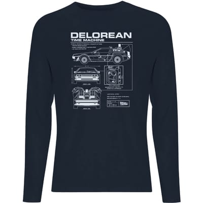 Back To The Future Delorean Schematic Unisex Long Sleeve T-Shirt - Navy - XL