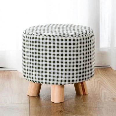 Ronde voetenbank - Ottomaan kruk - Ontspannen zitten - Linnen bekleding - 28x28x25cm - Groen geblokt