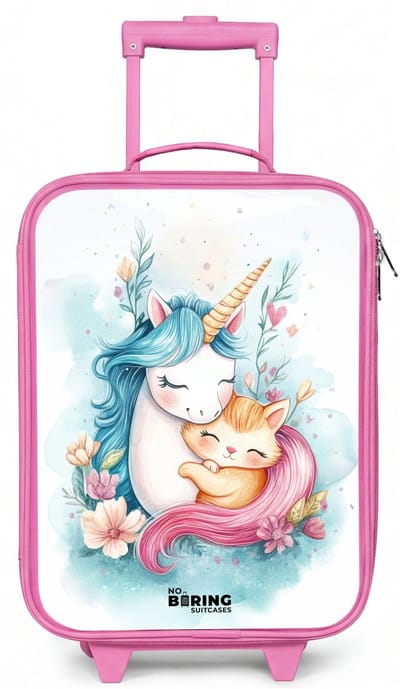 NoBoringSuitcases.com® - Kinderkoffer roze - Kindertrolley meisje - Eenhoorn met blauwe manen en oranje kitten - Koffer kind lichtgewicht - Reiskoffer trolley voor kinderen - Koffertje met lichtgevende wieltjes - Rolkoffer
