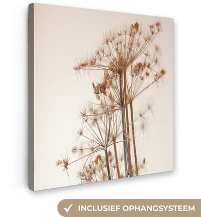 Canvas schilderij 20x20 cm - Wanddecoratie Droogbloemen - Stilleven - Wit - Planten - Bloemen - Muurdecoratie woonkamer - Slaapkamer decoratie - Kamer accessoires - Schilderijen op canvas