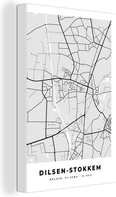 Canvas Schilderij Zwart Wit – België – Plattegrond – Stadskaart – Kaart – Dilsen Stokkem - 20x30 cm - Wanddecoratie