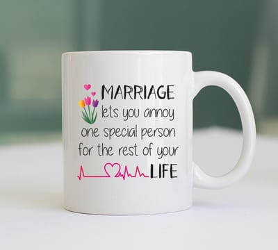Mok "Marriage" Wit - Mokken met Tekst - Huwelijkscadeau - Bruiloft Cadeau - Verjaardag Cadeau - Koffiemok - Bruiloft - Huwelijks cadeautje origineel