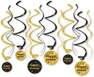 Q2P – Happy Birthday Slingers – Zwart & Gouden Hangdecoratie – Verjaardag Versiering – Feest Swirl – 12 Stuks