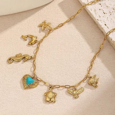 Boho Email Kleurrijke Zeester Vis Schelp Bedel Ketting Roestvrij Staal Kettingen Voor Vrouwen Strand Oceaan Sieraden beige