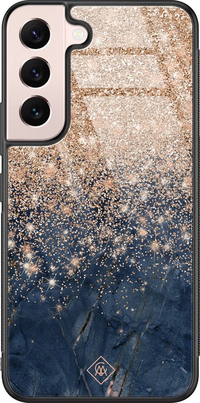Casimoda® hoesje - Geschikt voor Samsung Galaxy S22 - Marmer Blauw Rosegoud - Luxe Hard Case Zwart - Backcover telefoonhoesje - Rosekleurig