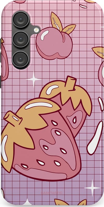 Casetastic Hoesje Geschikt voor Samsung S23 FE - Stijlvolle Beschermende Duo-layer Case - Zoete aardbeien raster