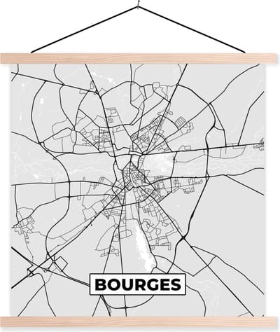 Posterhanger incl. Poster 40x40 cm - Schoolplaat - Stadskaart - Frankrijk - Kaart - Bourges - Plattegrond - Textielposter - Blanke latten - Stadskaart