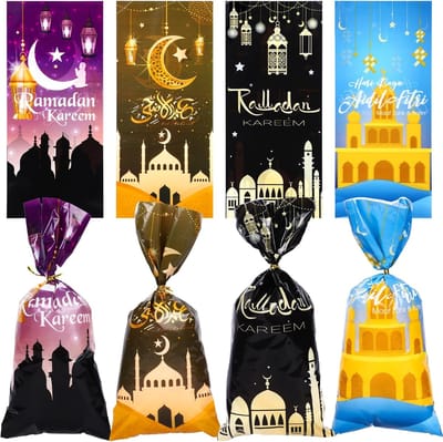 Famanu – 100 Stuks Eid Mubarak Geschenkzakjes – Vier Designs met Moskee -Maan en Ster -Geschikt voor Snoep en Traktaties