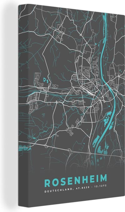 Canvas Schilderij Stadskaart – Kaart – Rosenheim – Blauw – Duitsland – Plattegrond - 20x30 cm - Wanddecoratie