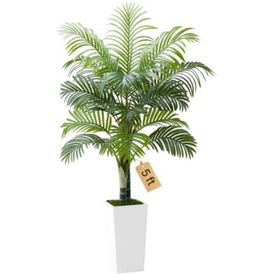 VEVOR Kunstmatige Arecapalm, 1,5 m tropische kunstpalm met witte hoge plantenbak, kunstzijden vloerplant in pot, kunstboom voor veranda's, woonkamer, patio's, huis, kantoor,