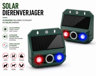 Dutchers® 2x Solar Dierenverjager & Strobe Alarm – Rood/Blauw LED Knipperlicht – Ultrasoon Geluidsalarm – Bewegingssensor – Voor Bescherming van Vee, Tuin, Boerderij & Erf
